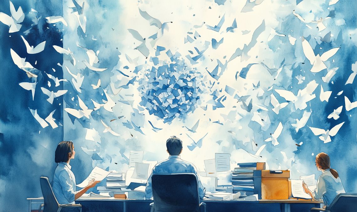 Watercolor illustration in New Yorker style showing an algorithmic brain replacing mountains of paperwork