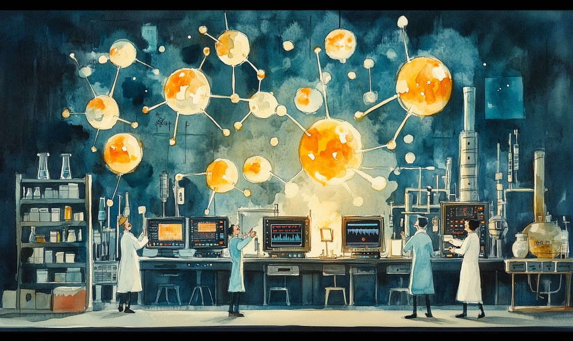 A whimsical watercolor depicting protein molecules dancing in a laboratory with scientists directing them using theater spotlights