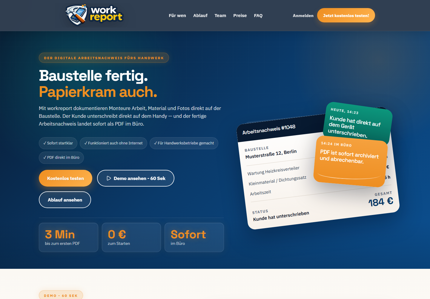 workreport Startseite: digitaler Arbeitsnachweis für Handwerker mit PDF, Kundenunterschrift und Offline-Sync