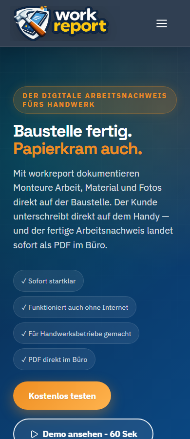 Mobile Arbeitsbericht-App workreport für Baustelle, Kundenunterschrift und digitalen Rapportschein